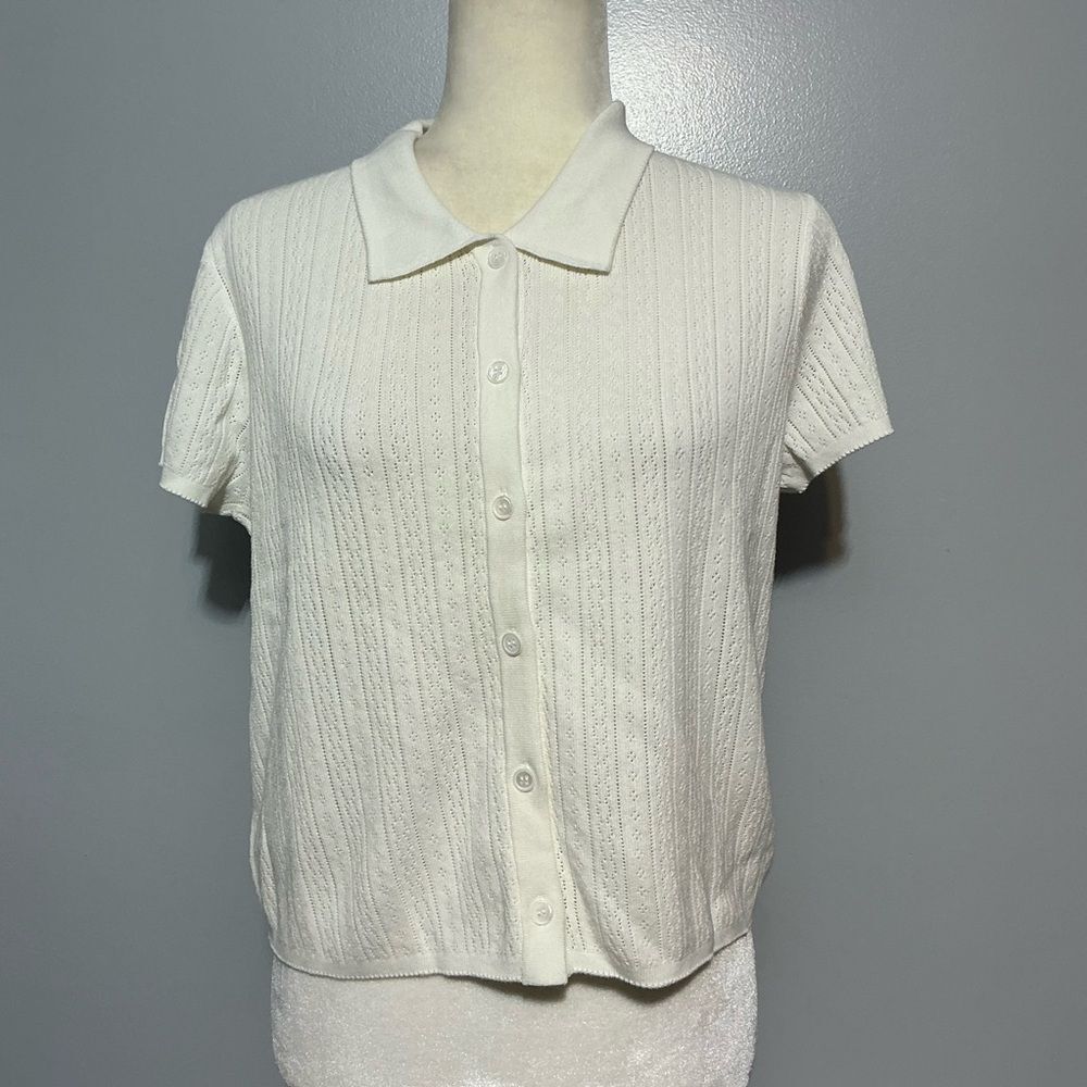Monteri Classic White Button-Up Women's Sweater Top size LP NWT